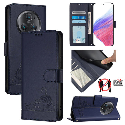 Honor Magic5 Pro Cat & Rat Embossed RFID Leather Case, Lanyard, Wallet, Card Slots, Kickstand, Anti-Fall, Scratch-Resistant