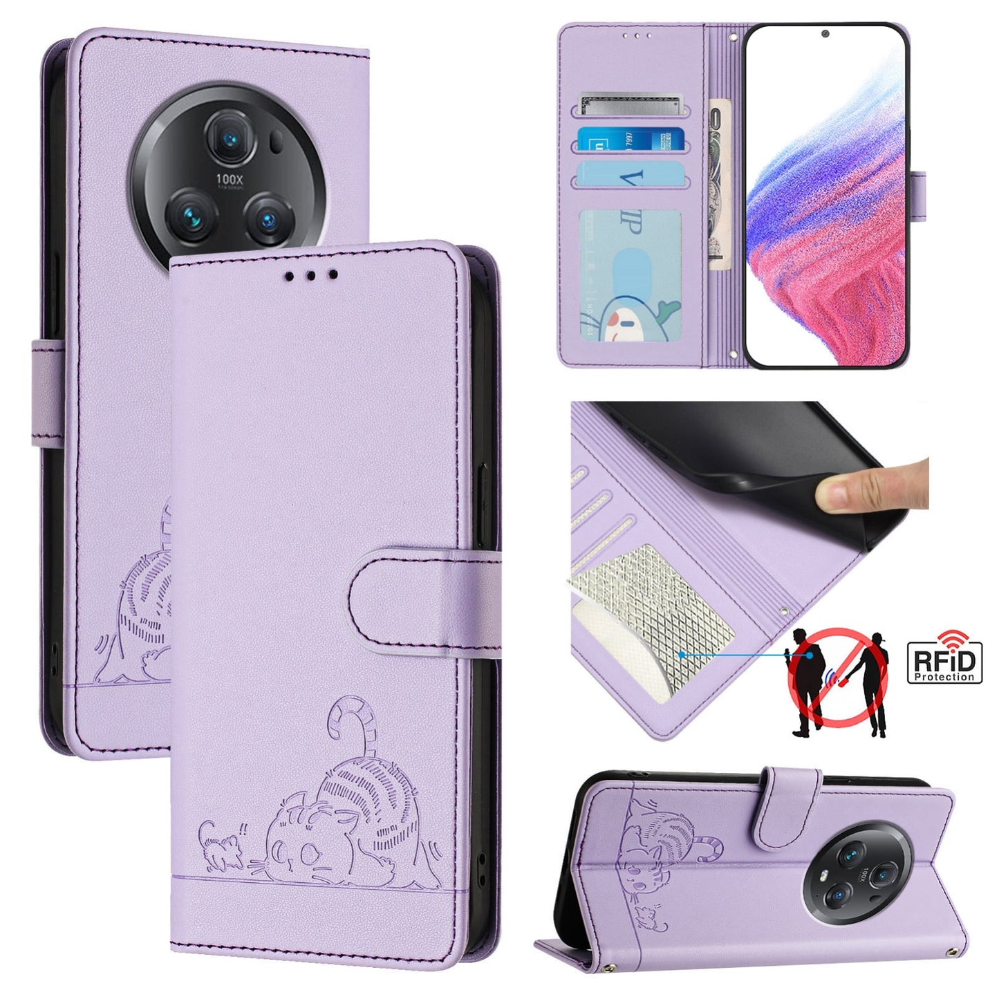 Honor Magic5 Pro Cat & Rat Embossed RFID Leather Case, Lanyard, Wallet, Card Slots, Kickstand, Anti-Fall, Scratch-Resistant