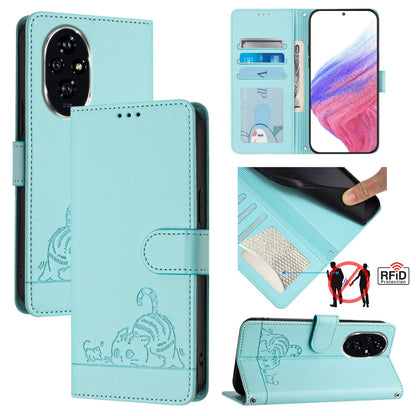 Honor 200 Cat & Rat Embossed RFID Leather Case, Lanyard, Wallet, Card Slots, Kickstand, Anti-Fall, Scratch-Resistant