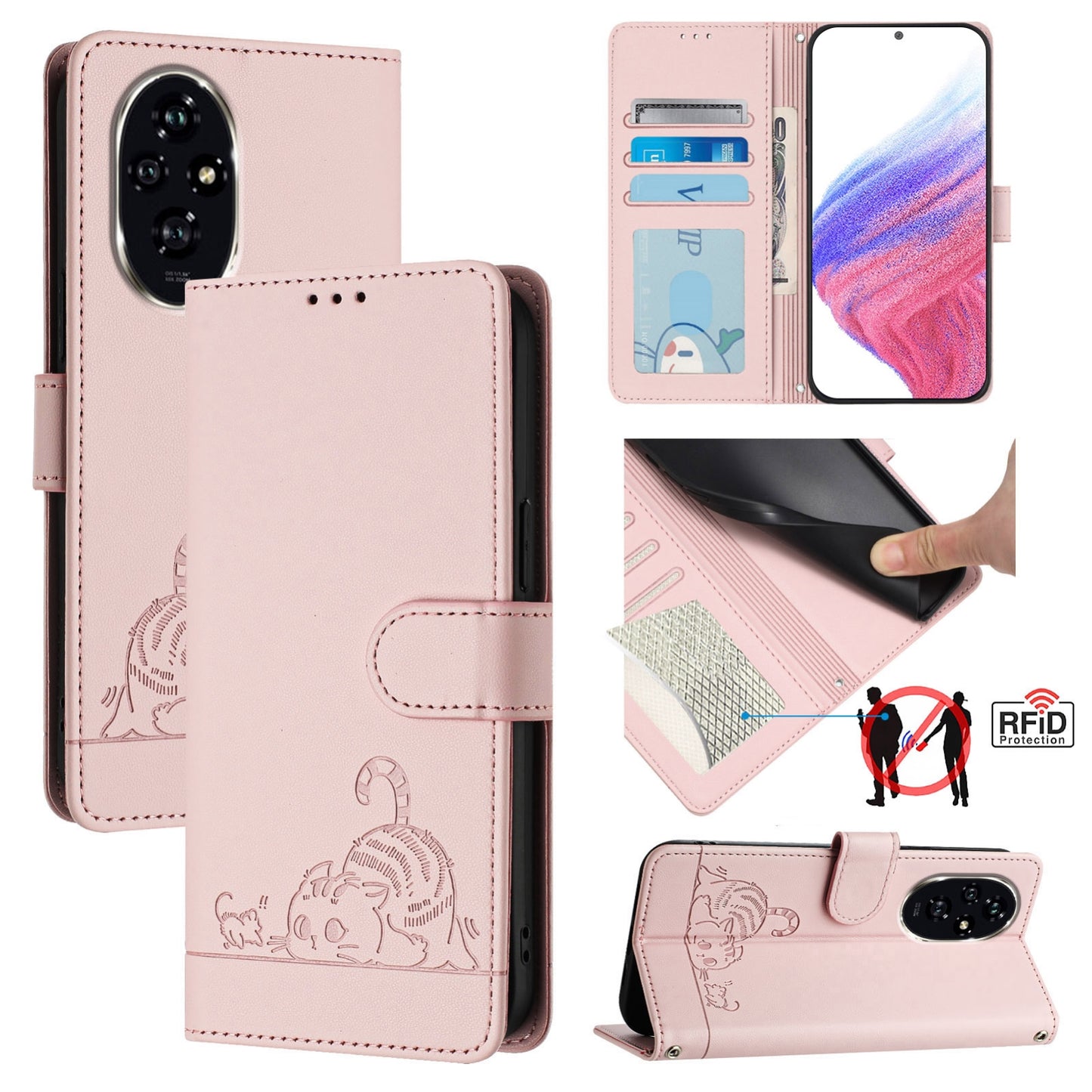 Honor 200 Cat & Rat Embossed RFID Leather Case, Lanyard, Wallet, Card Slots, Kickstand, Anti-Fall, Scratch-Resistant