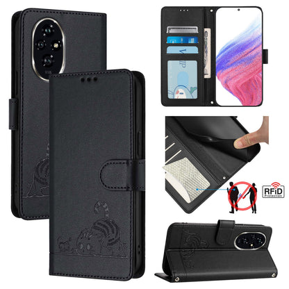 Honor 200 Cat & Rat Embossed RFID Leather Case, Lanyard, Wallet, Card Slots, Kickstand, Anti-Fall, Scratch-Resistant