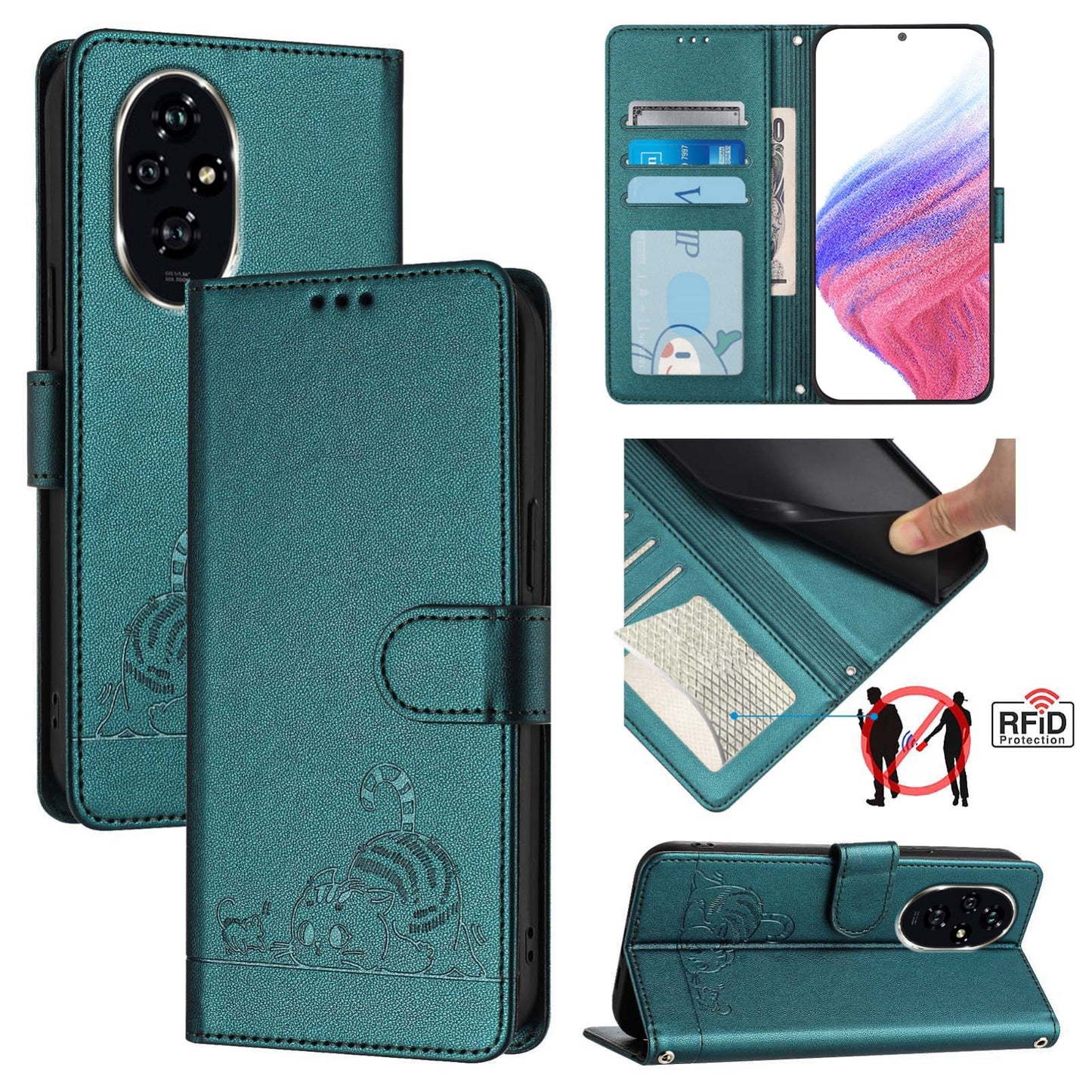 Honor 200 Cat & Rat Embossed RFID Leather Case, Lanyard, Wallet, Card Slots, Kickstand, Anti-Fall, Scratch-Resistant