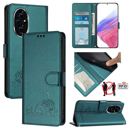 Honor 200 Cat & Rat Embossed RFID Leather Case, Lanyard, Wallet, Card Slots, Kickstand, Anti-Fall, Scratch-Resistant