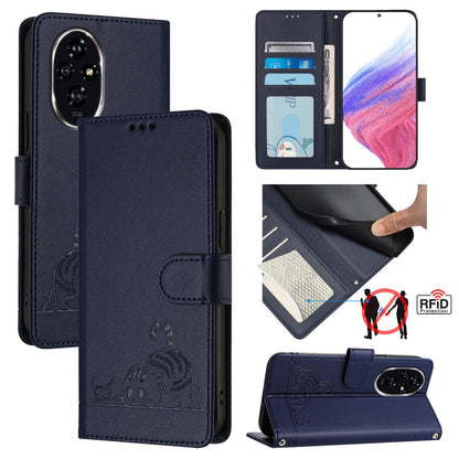 Honor 200 Cat & Rat Embossed RFID Leather Case, Lanyard, Wallet, Card Slots, Kickstand, Anti-Fall, Scratch-Resistant