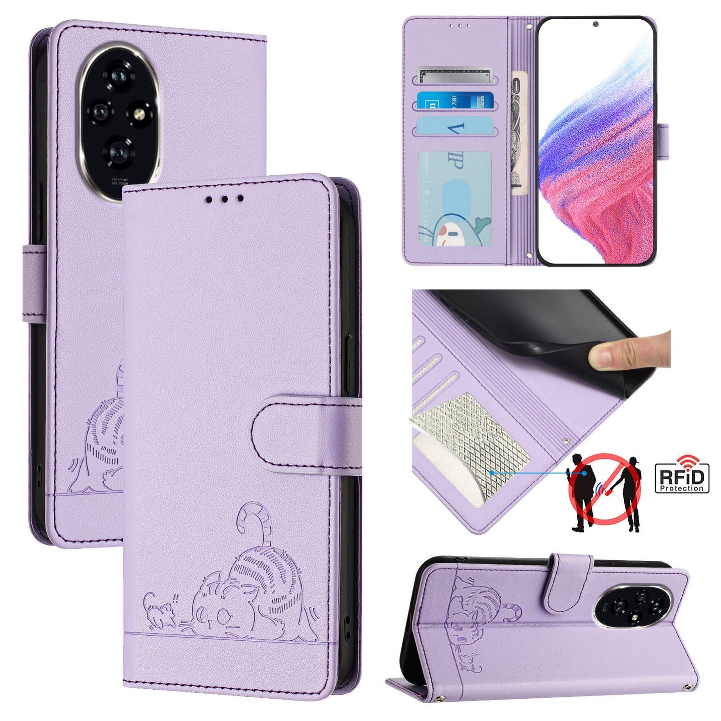 Honor 200 Cat & Rat Embossed RFID Leather Case, Lanyard, Wallet, Card Slots, Kickstand, Anti-Fall, Scratch-Resistant