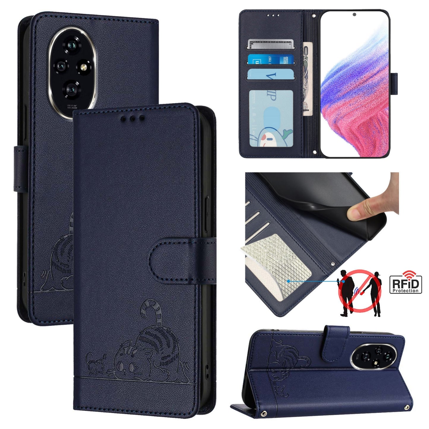 Honor 200 Pro Cat & Rat Embossed RFID Leather Case, Lanyard, Wallet, Card Slots, Kickstand, Anti-Fall, Scratch-Resistant