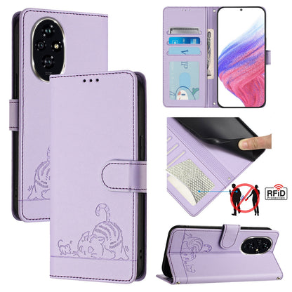 Honor 200 Pro Cat & Rat Embossed RFID Leather Case, Lanyard, Wallet, Card Slots, Kickstand, Anti-Fall, Scratch-Resistant