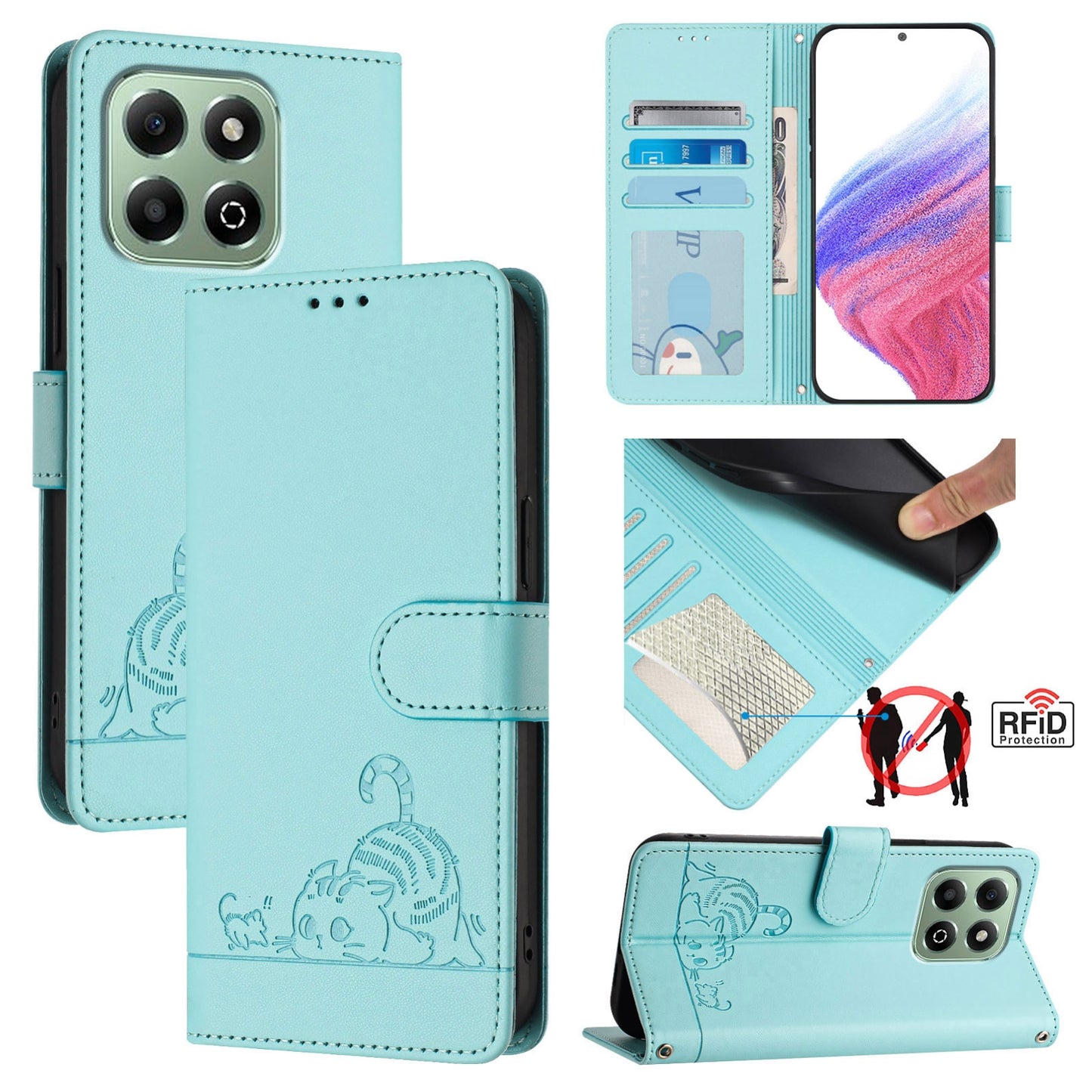 Honor X6b Cat & Rat Embossed RFID Leather Case, Lanyard, Wallet, Card Slots, Kickstand, Anti-Fall, Scratch-Resistant
