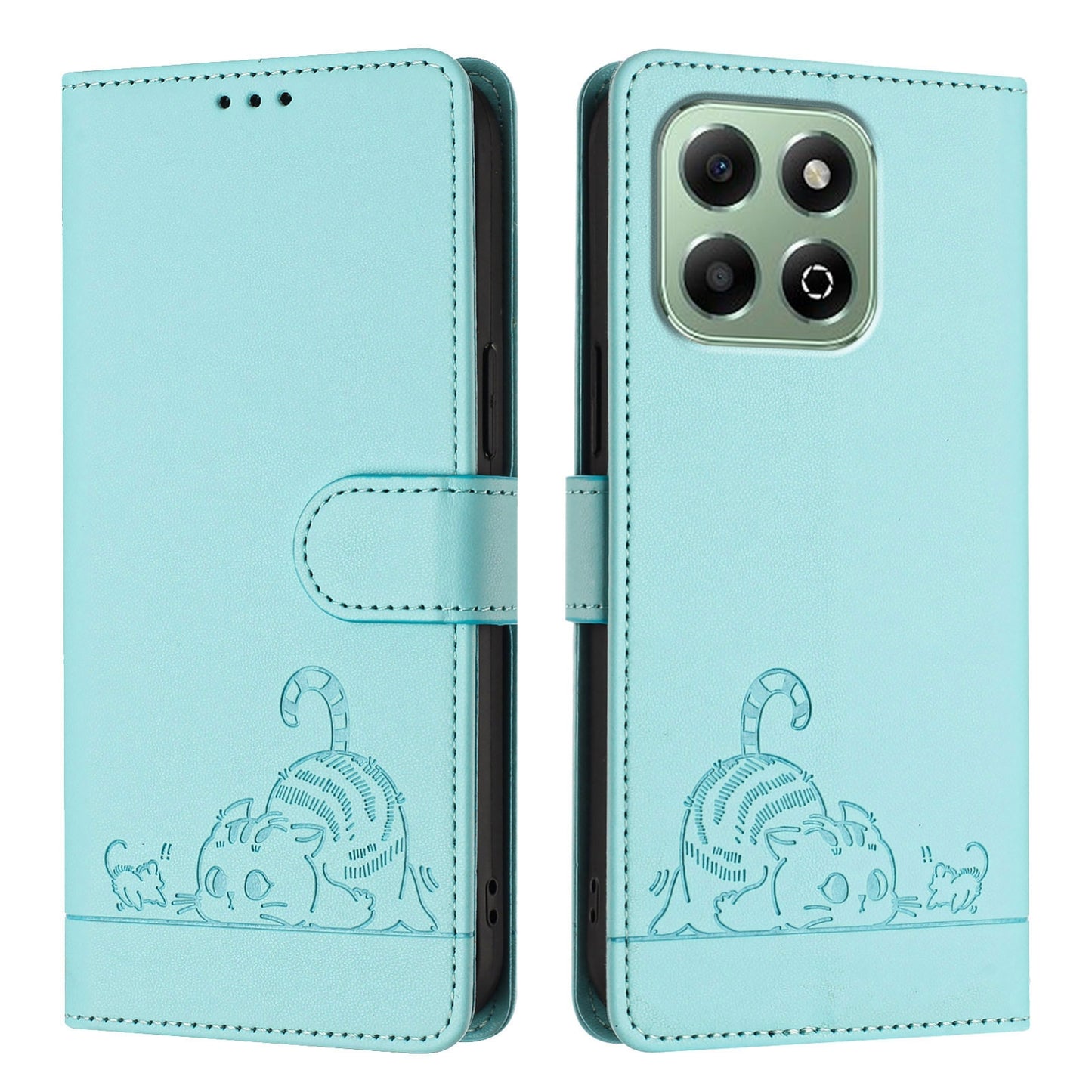 Honor X6b Cat & Rat Embossed RFID Leather Case, Lanyard, Wallet, Card Slots, Kickstand, Anti-Fall, Scratch-Resistant
