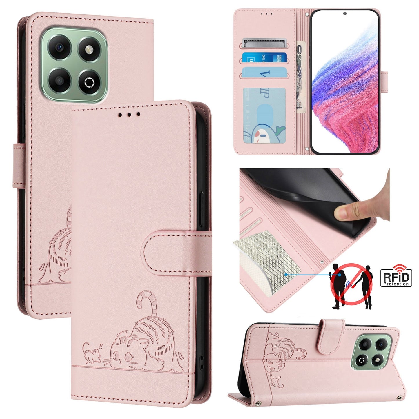 Honor X6b Cat & Rat Embossed RFID Leather Case, Lanyard, Wallet, Card Slots, Kickstand, Anti-Fall, Scratch-Resistant