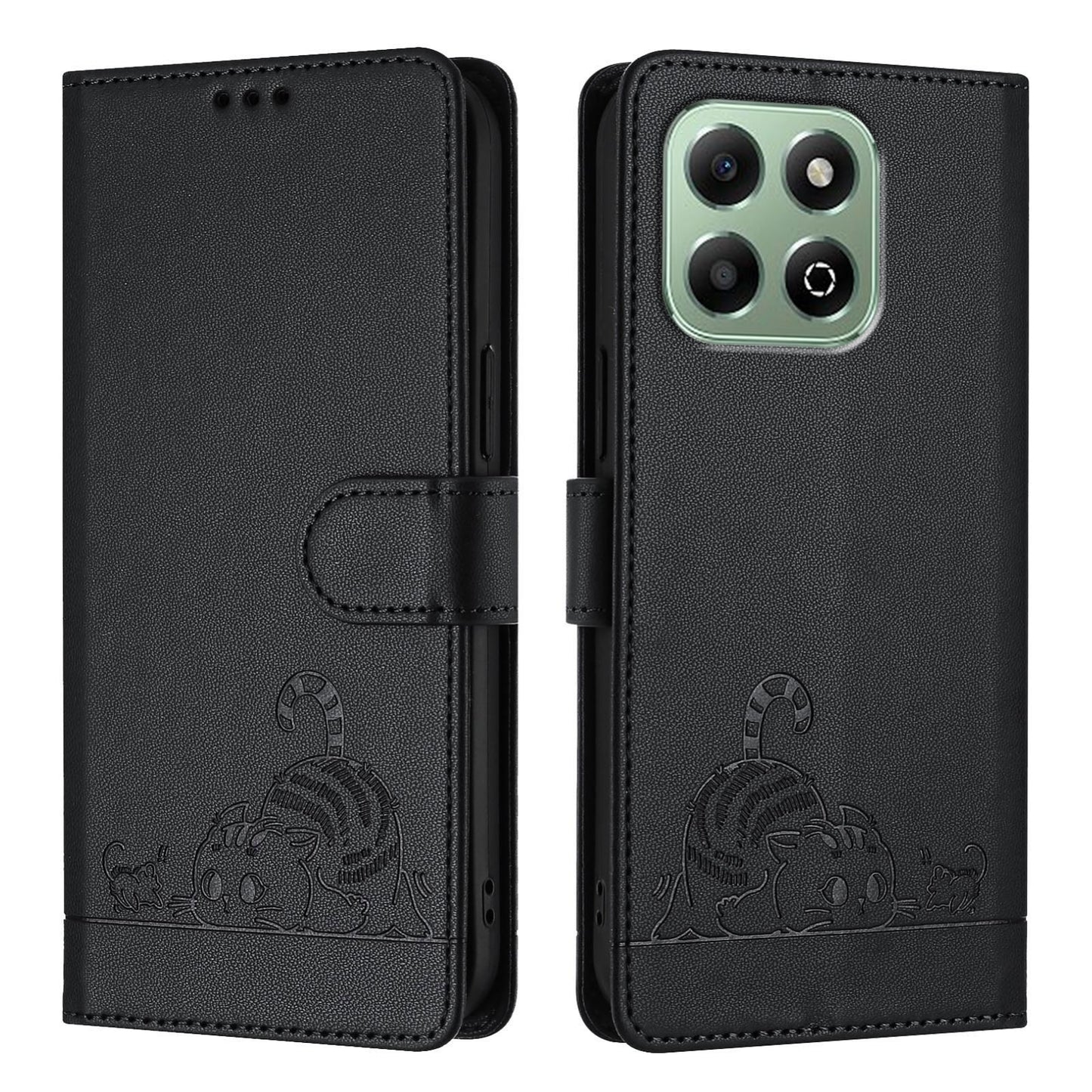 Honor X6b Cat & Rat Embossed RFID Leather Case, Lanyard, Wallet, Card Slots, Kickstand, Anti-Fall, Scratch-Resistant