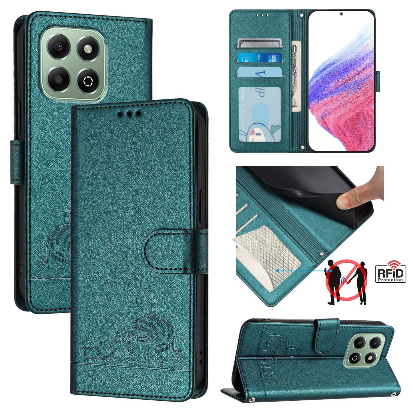 Honor X6b Cat & Rat Embossed RFID Leather Case, Lanyard, Wallet, Card Slots, Kickstand, Anti-Fall, Scratch-Resistant