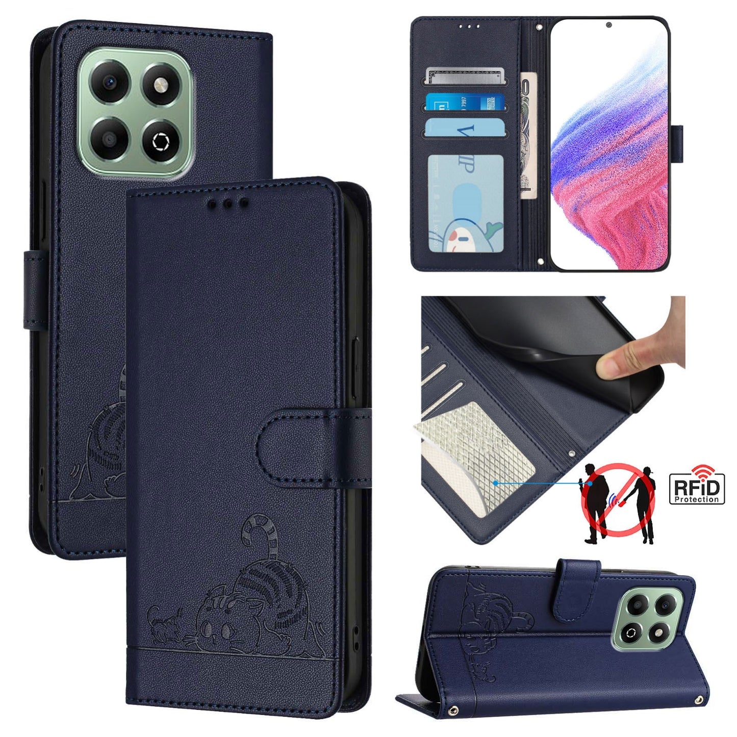 Honor X6b Cat & Rat Embossed RFID Leather Case, Lanyard, Wallet, Card Slots, Kickstand, Anti-Fall, Scratch-Resistant