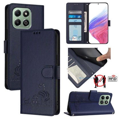Honor X6b Cat & Rat Embossed RFID Leather Case, Lanyard, Wallet, Card Slots, Kickstand, Anti-Fall, Scratch-Resistant