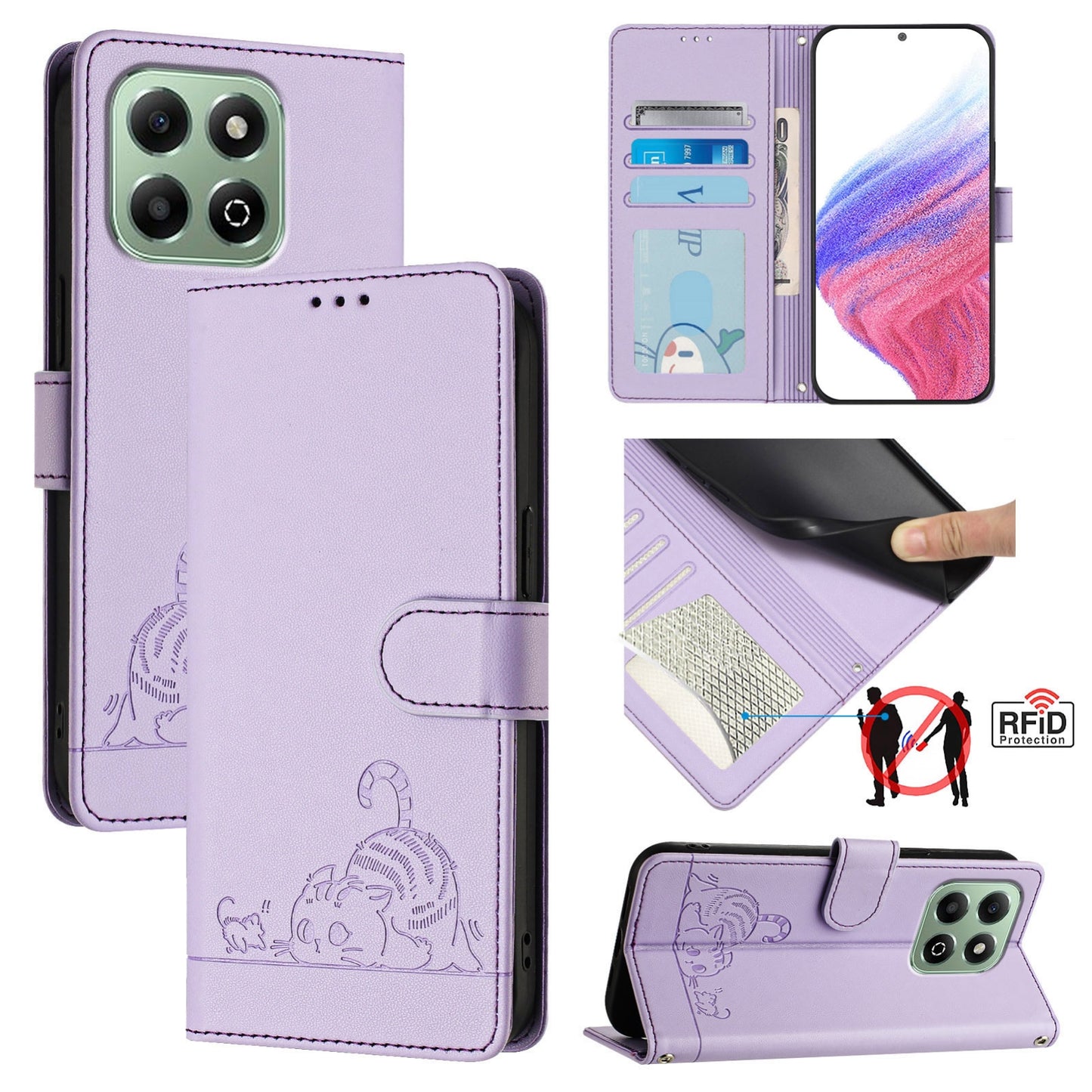 Honor X6b Cat & Rat Embossed RFID Leather Case, Lanyard, Wallet, Card Slots, Kickstand, Anti-Fall, Scratch-Resistant