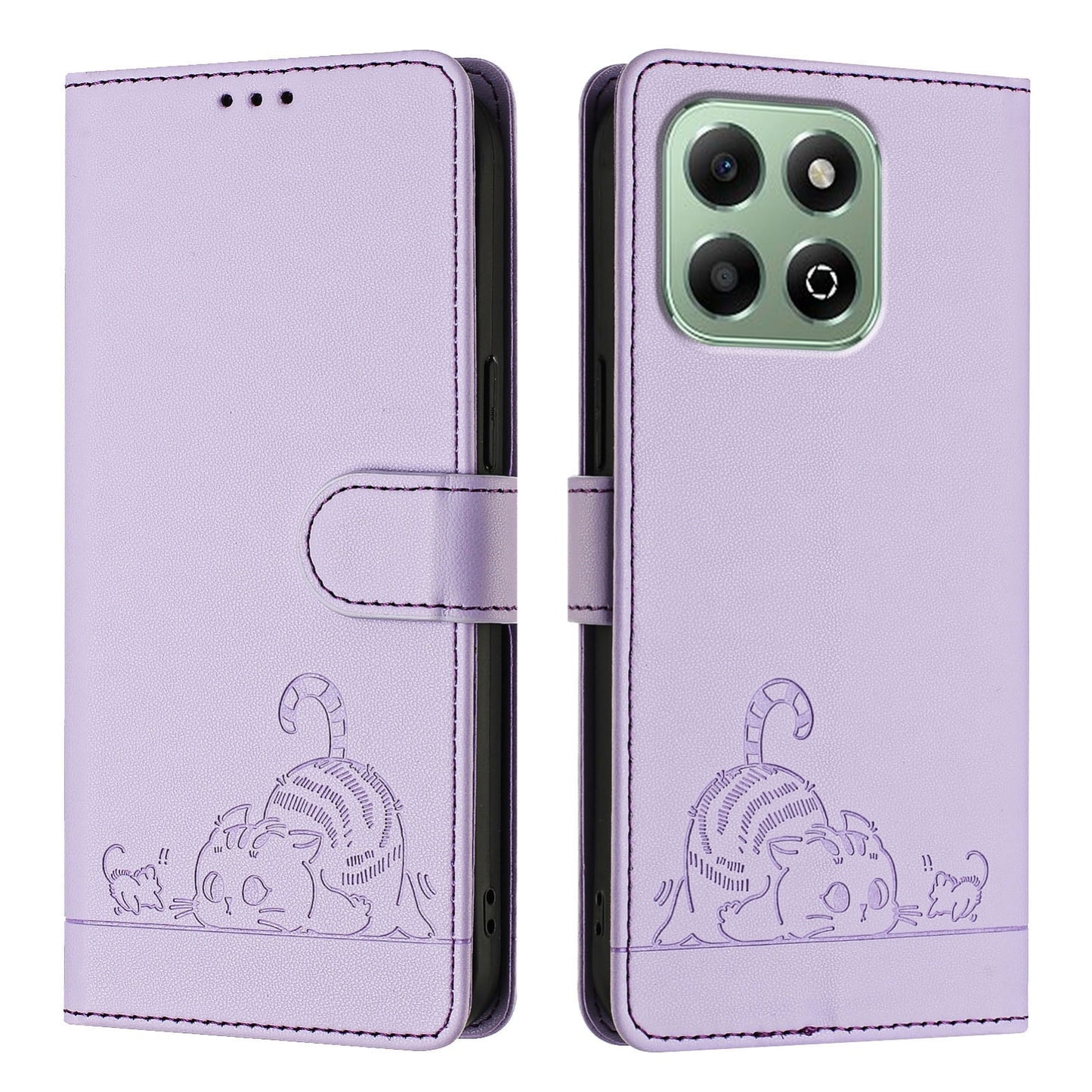 Honor X6b Cat & Rat Embossed RFID Leather Case, Lanyard, Wallet, Card Slots, Kickstand, Anti-Fall, Scratch-Resistant