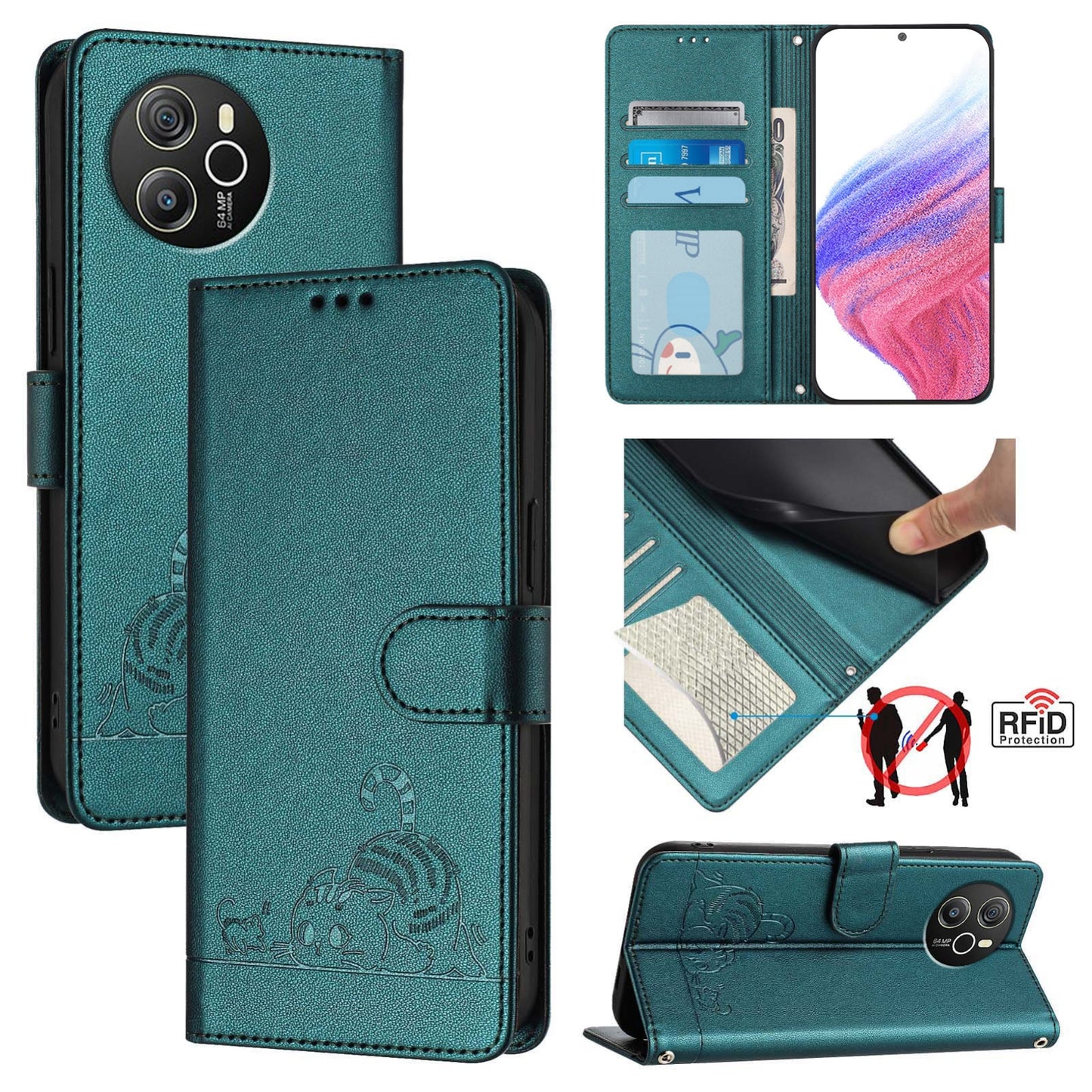 Blackview Shark 8 Cat & Rat Embossed RFID Leather Case, Lanyard, Wallet, Card Slots, Kickstand, Anti-Fall, Scratch-Resistant