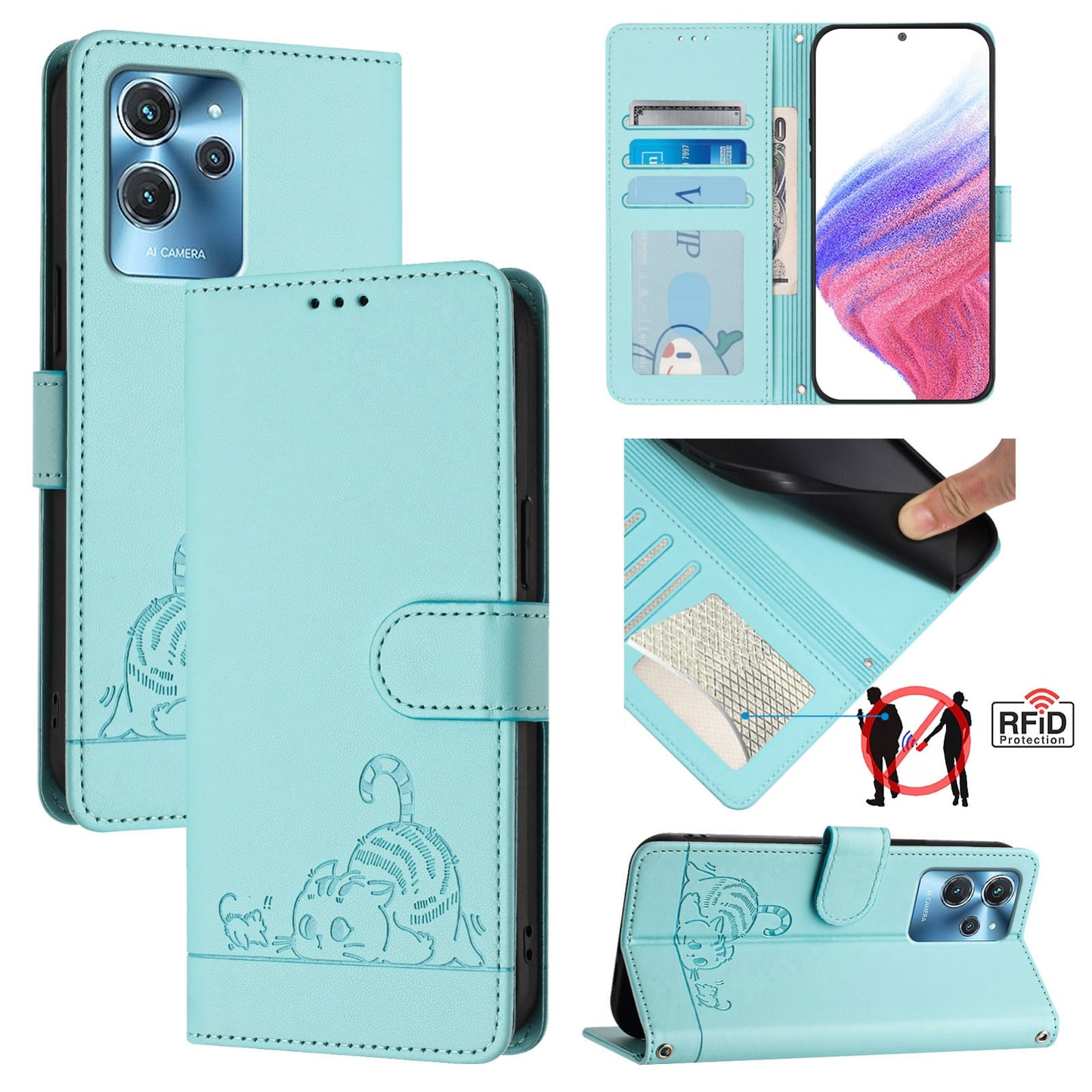 Oukitel C32 Cat & Rat Embossed RFID Leather Case, Lanyard, Wallet, Card Slots, Kickstand, Anti-Fall, Scratch-Resistant