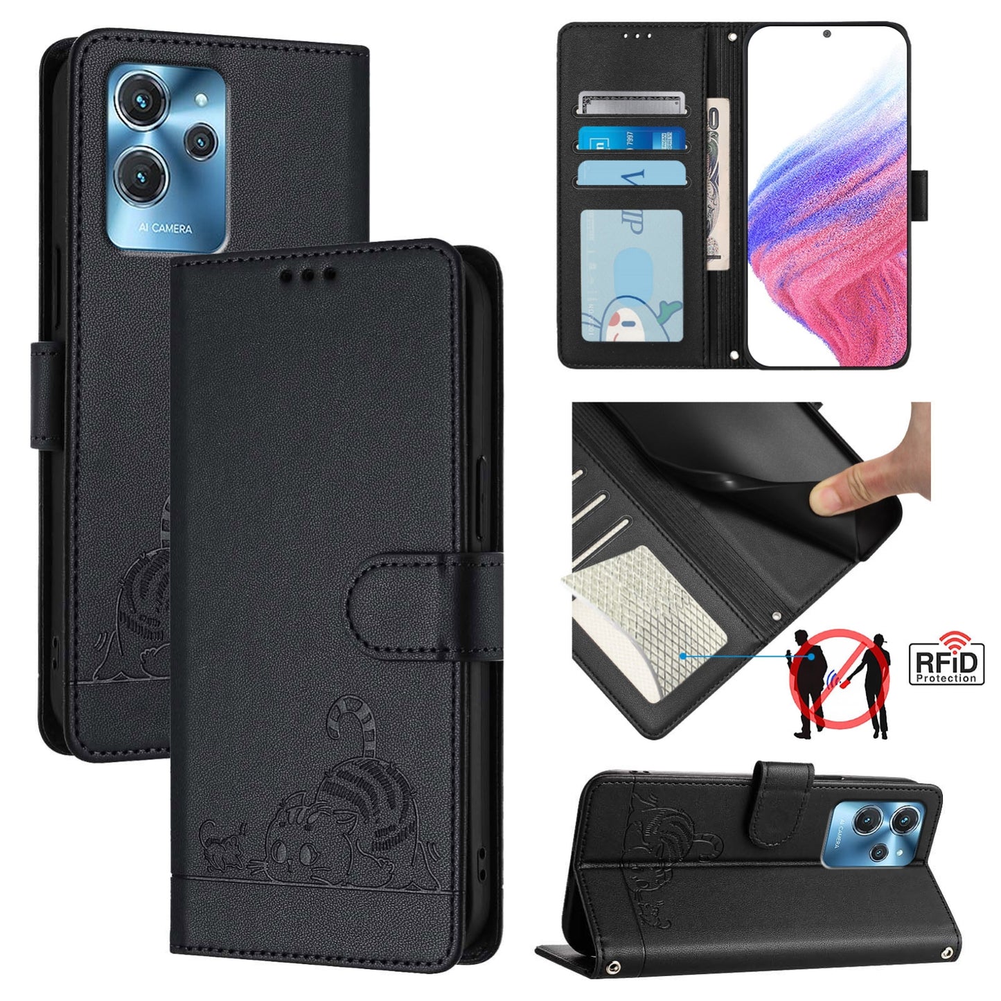 Oukitel C32 Cat & Rat Embossed RFID Leather Case, Lanyard, Wallet, Card Slots, Kickstand, Anti-Fall, Scratch-Resistant