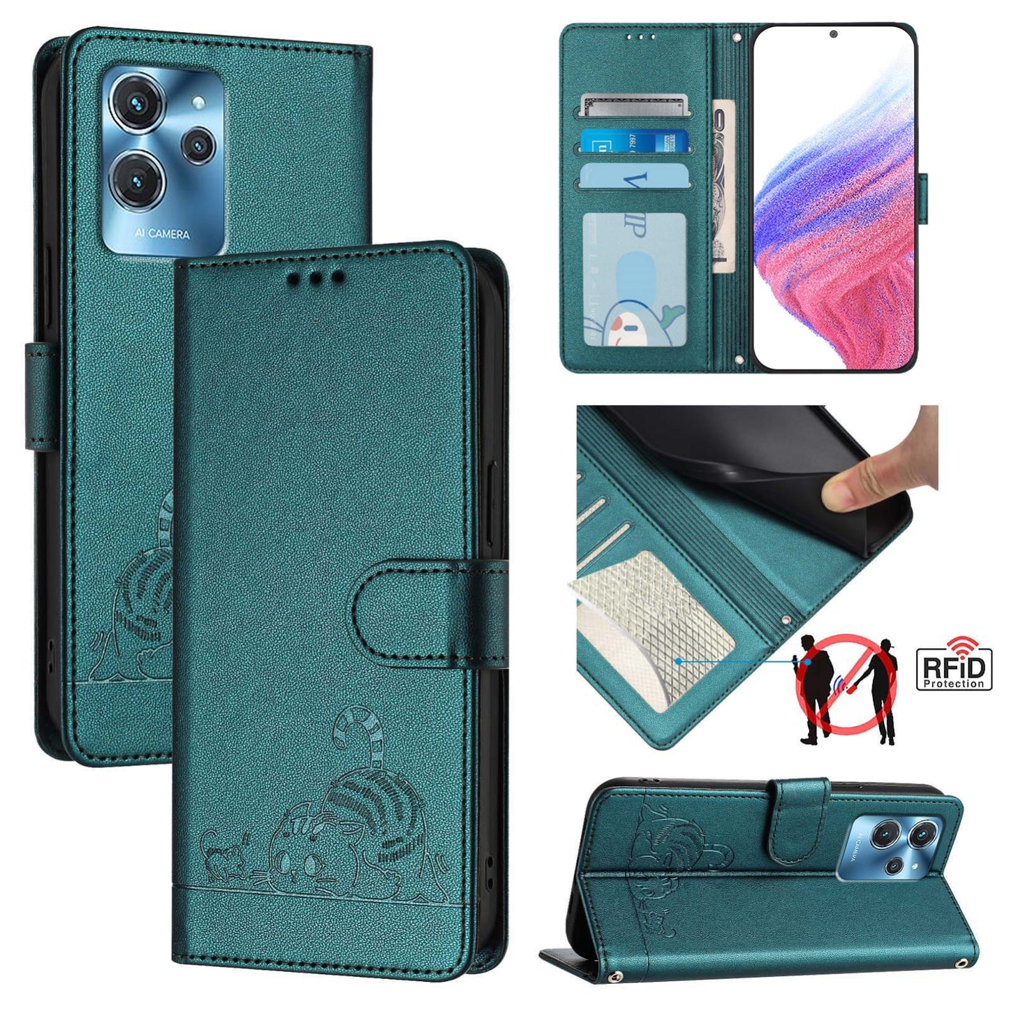 Oukitel C32 Cat & Rat Embossed RFID Leather Case, Lanyard, Wallet, Card Slots, Kickstand, Anti-Fall, Scratch-Resistant