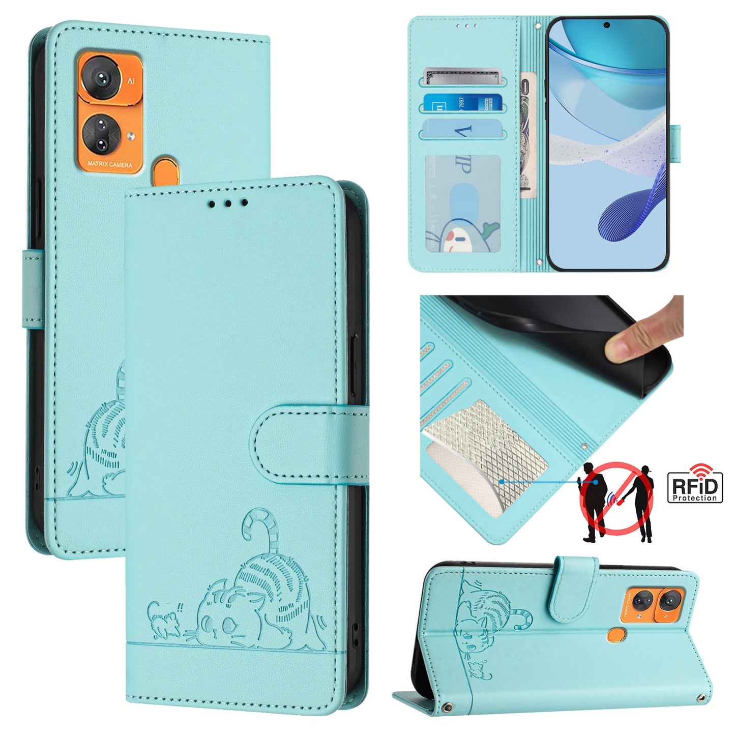 Oukitel C33 Cat & Rat Embossed RFID Leather Case, Lanyard, Wallet, Card Slots, Kickstand, Anti-Fall, Scratch-Resistant