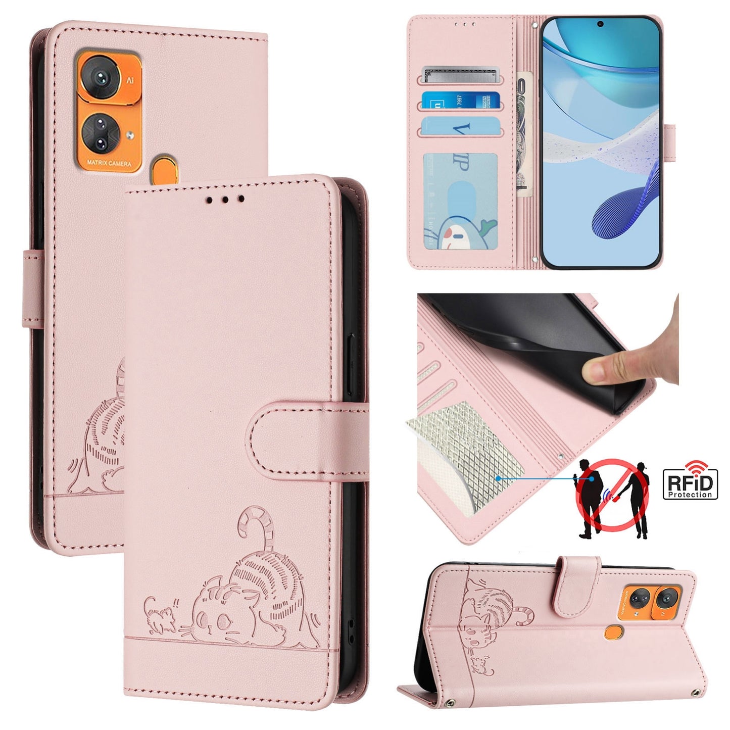 Oukitel C33 Cat & Rat Embossed RFID Leather Case, Lanyard, Wallet, Card Slots, Kickstand, Anti-Fall, Scratch-Resistant