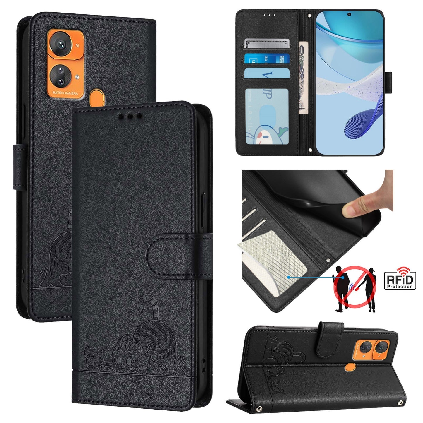 Oukitel C33 Cat & Rat Embossed RFID Leather Case, Lanyard, Wallet, Card Slots, Kickstand, Anti-Fall, Scratch-Resistant