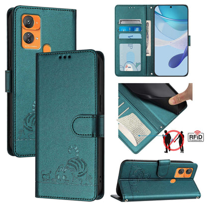 Oukitel C33 Cat & Rat Embossed RFID Leather Case, Lanyard, Wallet, Card Slots, Kickstand, Anti-Fall, Scratch-Resistant