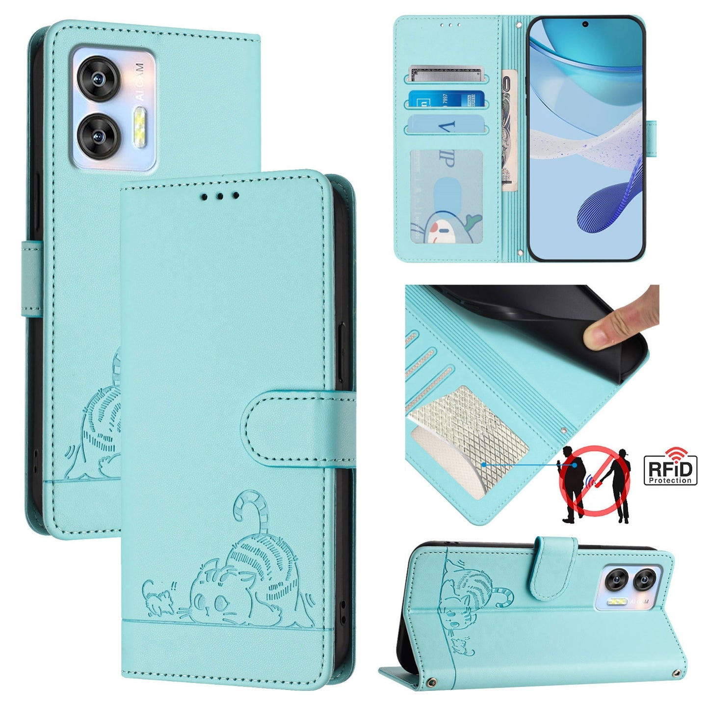 Oukitel C36 Cat & Rat Embossed RFID Leather Case, Lanyard, Wallet, Card Slots, Kickstand, Anti-Fall, Scratch-Resistant