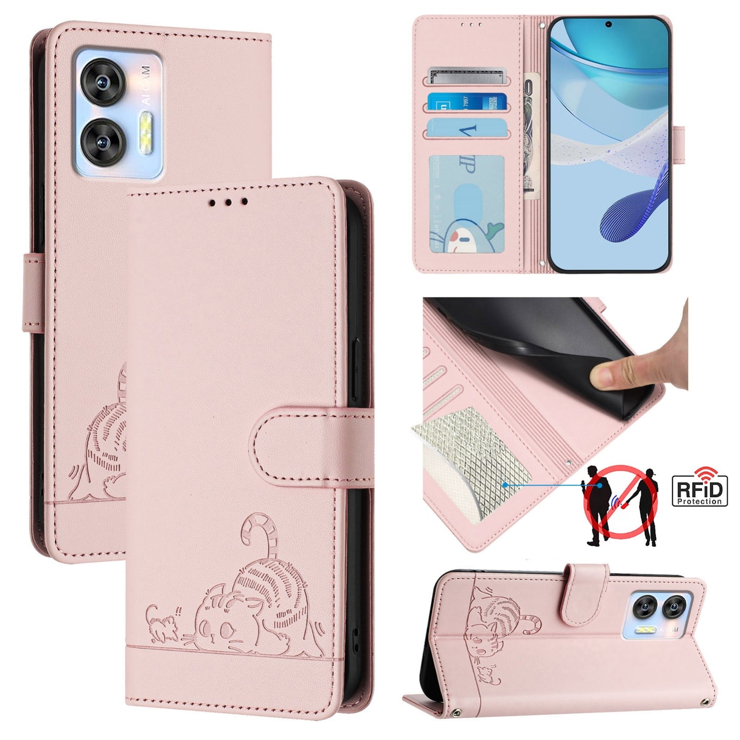 Oukitel C35 Cat & Rat Embossed RFID Leather Case, Lanyard, Wallet, Card Slots, Kickstand, Anti-Fall, Scratch-Resistant