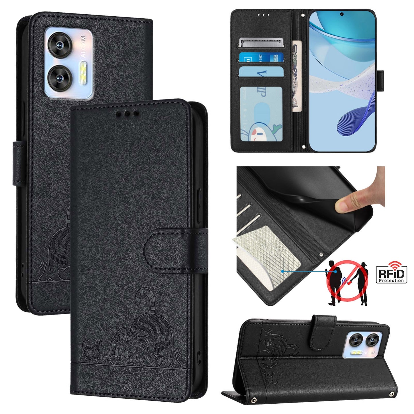 Oukitel C35 Cat & Rat Embossed RFID Leather Case, Lanyard, Wallet, Card Slots, Kickstand, Anti-Fall, Scratch-Resistant