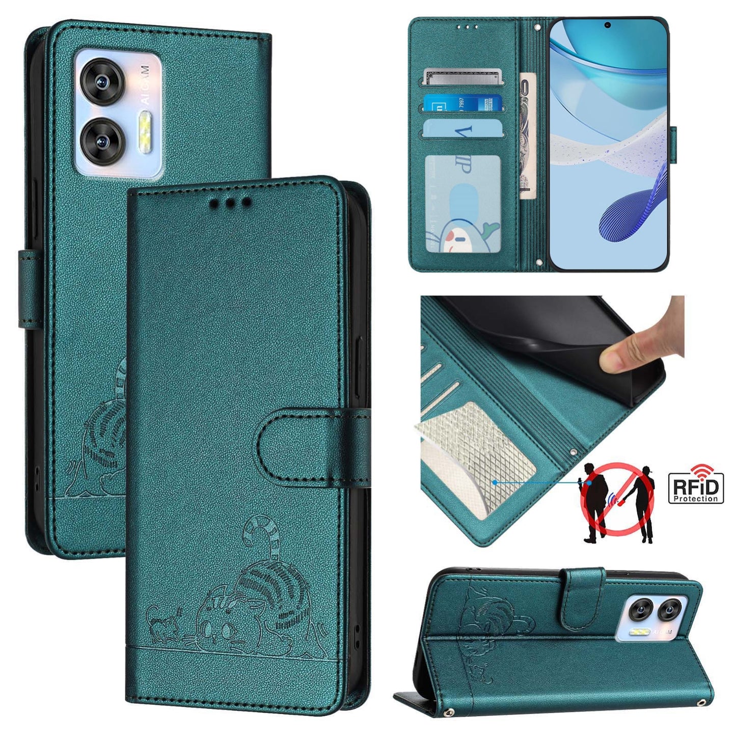 Oukitel C36 Cat & Rat Embossed RFID Leather Case, Lanyard, Wallet, Card Slots, Kickstand, Anti-Fall, Scratch-Resistant