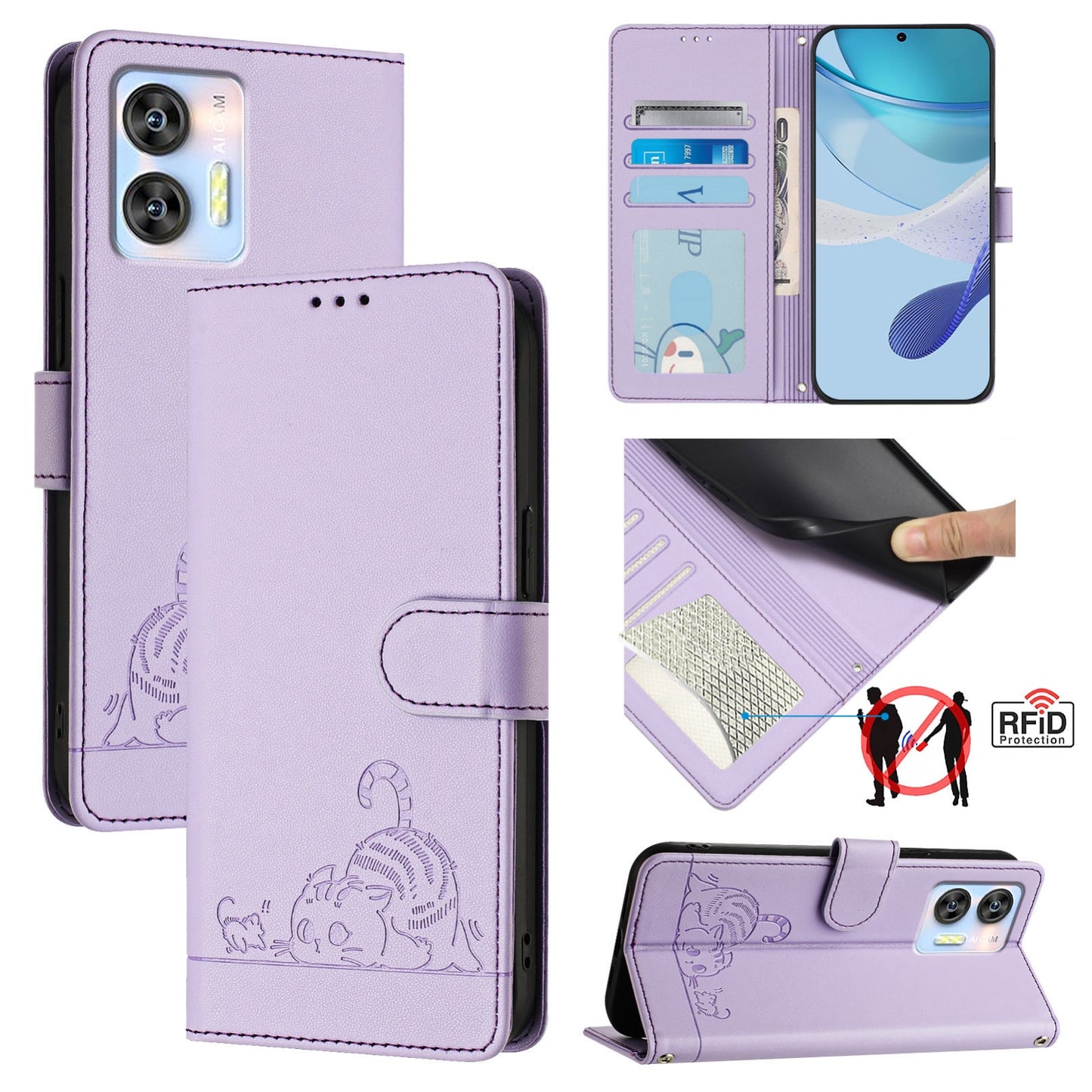 Oukitel C36 Cat & Rat Embossed RFID Leather Case, Lanyard, Wallet, Card Slots, Kickstand, Anti-Fall, Scratch-Resistant