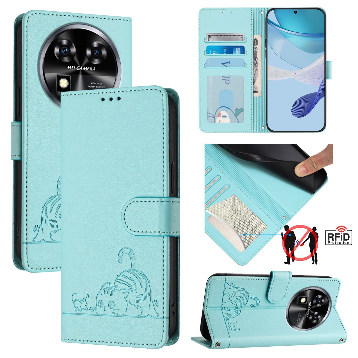 Oukitel C37 Cat & Rat Embossed RFID Leather Case, Lanyard, Wallet, Card Slots, Kickstand, Anti-Fall, Scratch-Resistant
