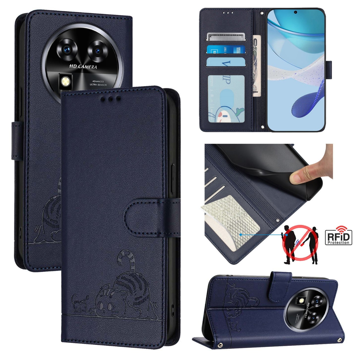 Oukitel C37 Cat & Rat Embossed RFID Leather Case, Lanyard, Wallet, Card Slots, Kickstand, Anti-Fall, Scratch-Resistant