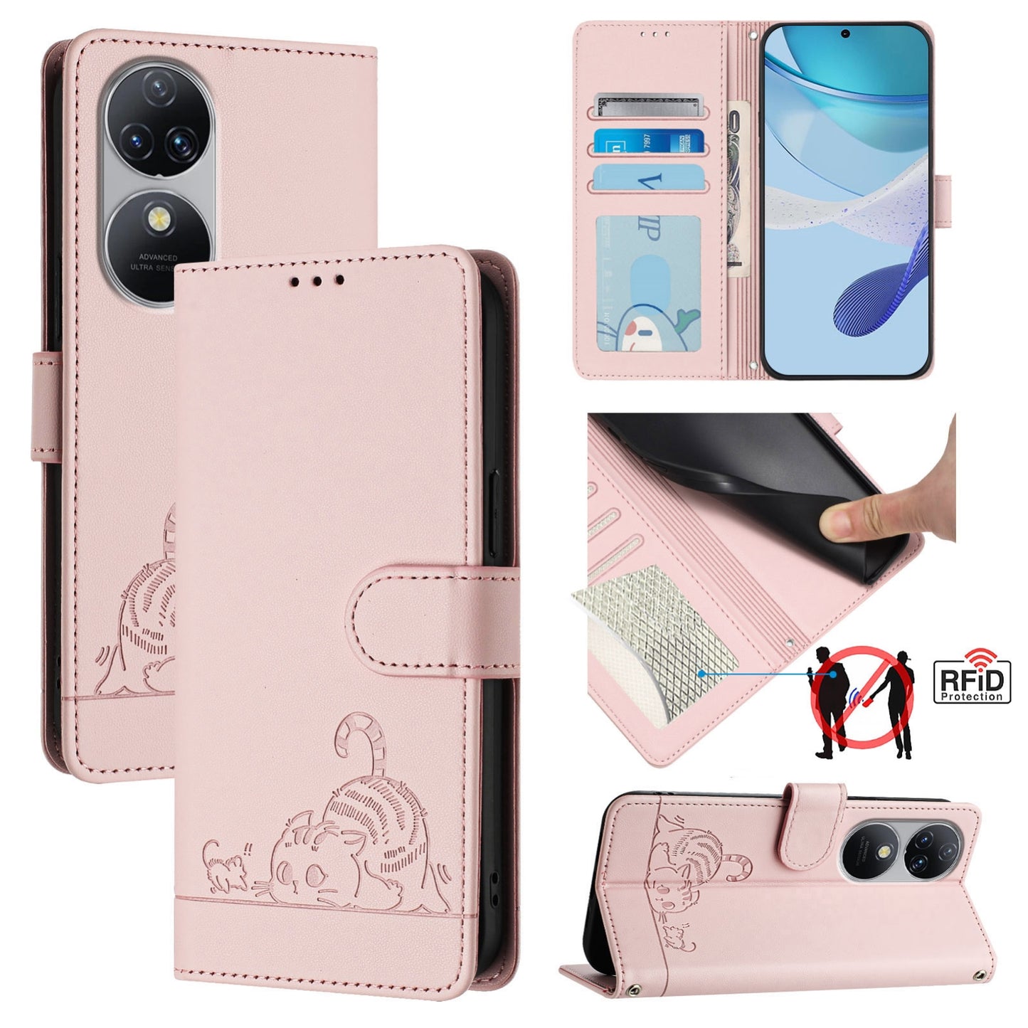 Oukitel C38 Cat & Rat Embossed RFID Leather Case, Lanyard, Wallet, Card Slots, Kickstand, Anti-Fall, Scratch-Resistant