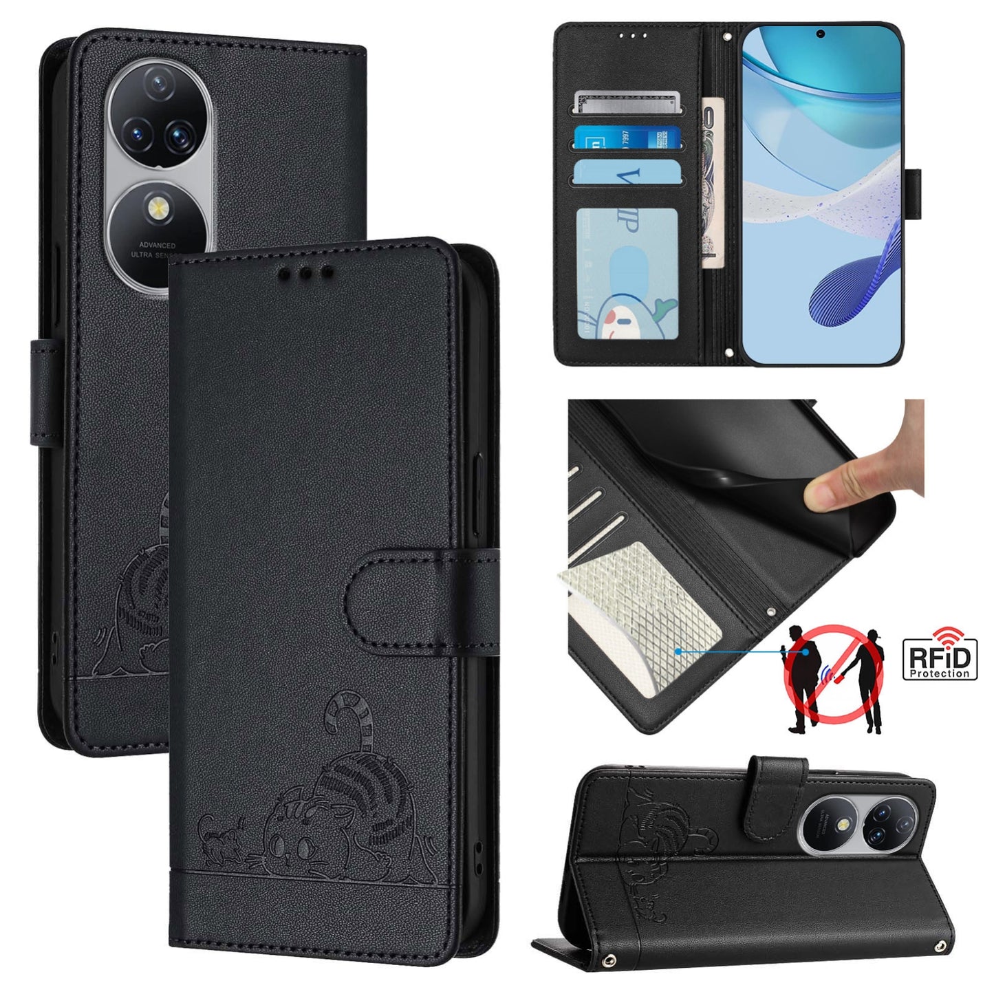 Oukitel C38 Cat & Rat Embossed RFID Leather Case, Lanyard, Wallet, Card Slots, Kickstand, Anti-Fall, Scratch-Resistant
