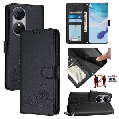 Oukitel C38 Cat & Rat Embossed RFID Leather Case, Lanyard, Wallet, Card Slots, Kickstand, Anti-Fall, Scratch-Resistant