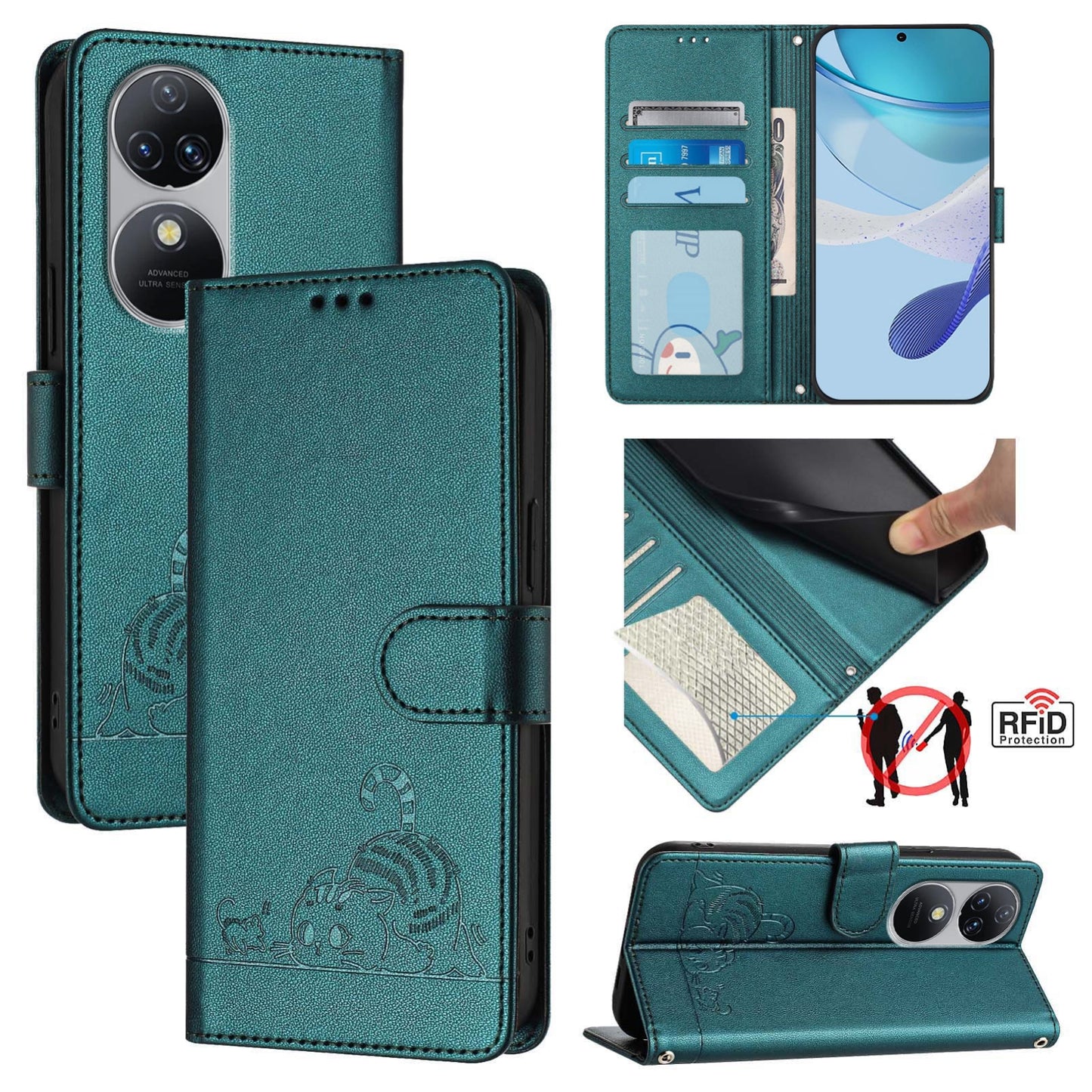 Oukitel C38 Cat & Rat Embossed RFID Leather Case, Lanyard, Wallet, Card Slots, Kickstand, Anti-Fall, Scratch-Resistant