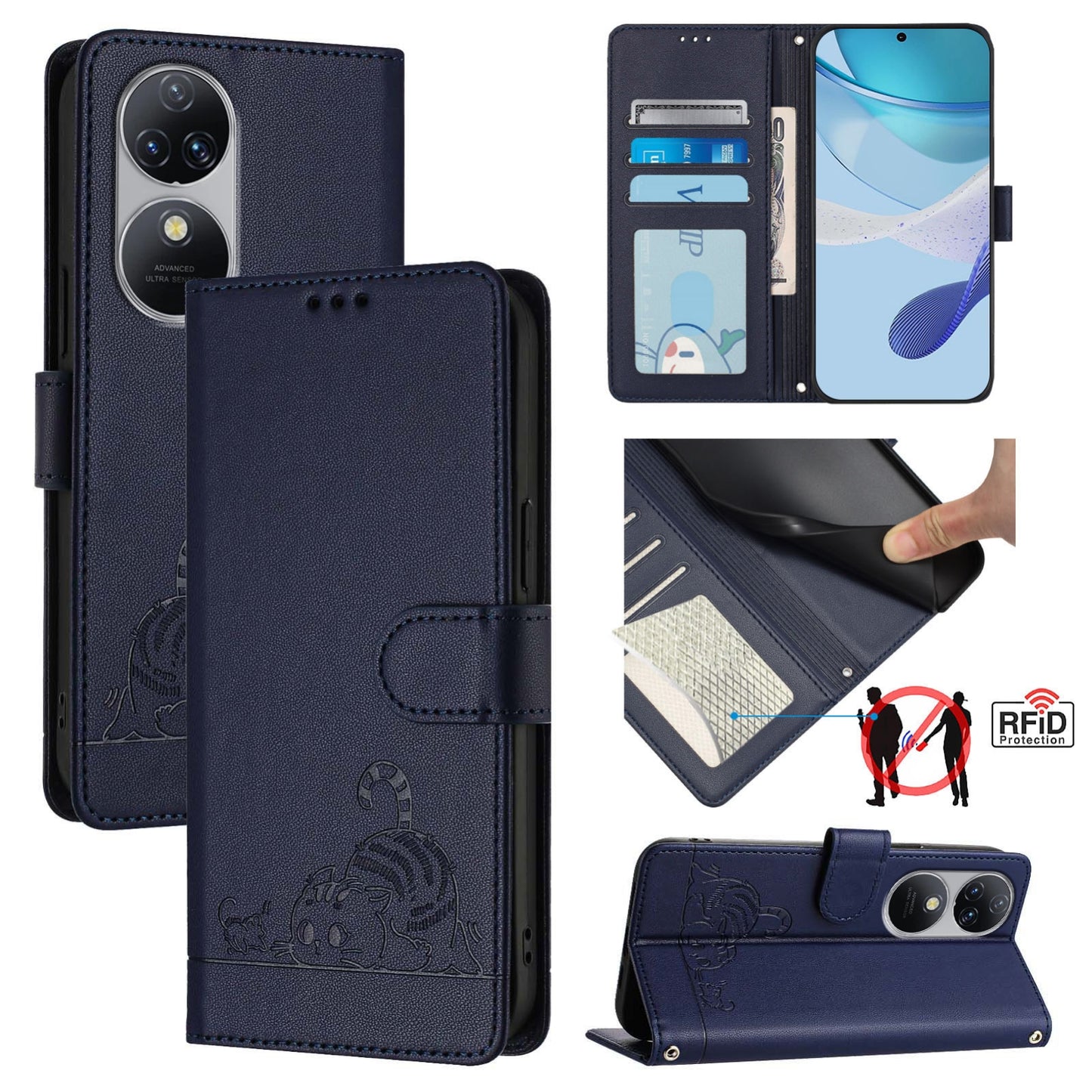 Oukitel C38 Cat & Rat Embossed RFID Leather Case, Lanyard, Wallet, Card Slots, Kickstand, Anti-Fall, Scratch-Resistant