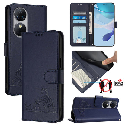 Oukitel C38 Cat & Rat Embossed RFID Leather Case, Lanyard, Wallet, Card Slots, Kickstand, Anti-Fall, Scratch-Resistant