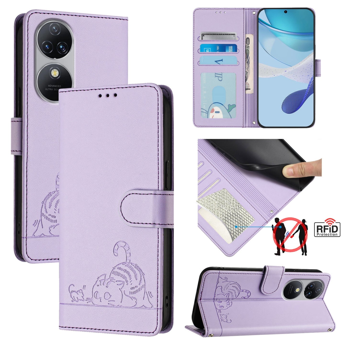 Oukitel C38 Cat & Rat Embossed RFID Leather Case, Lanyard, Wallet, Card Slots, Kickstand, Anti-Fall, Scratch-Resistant
