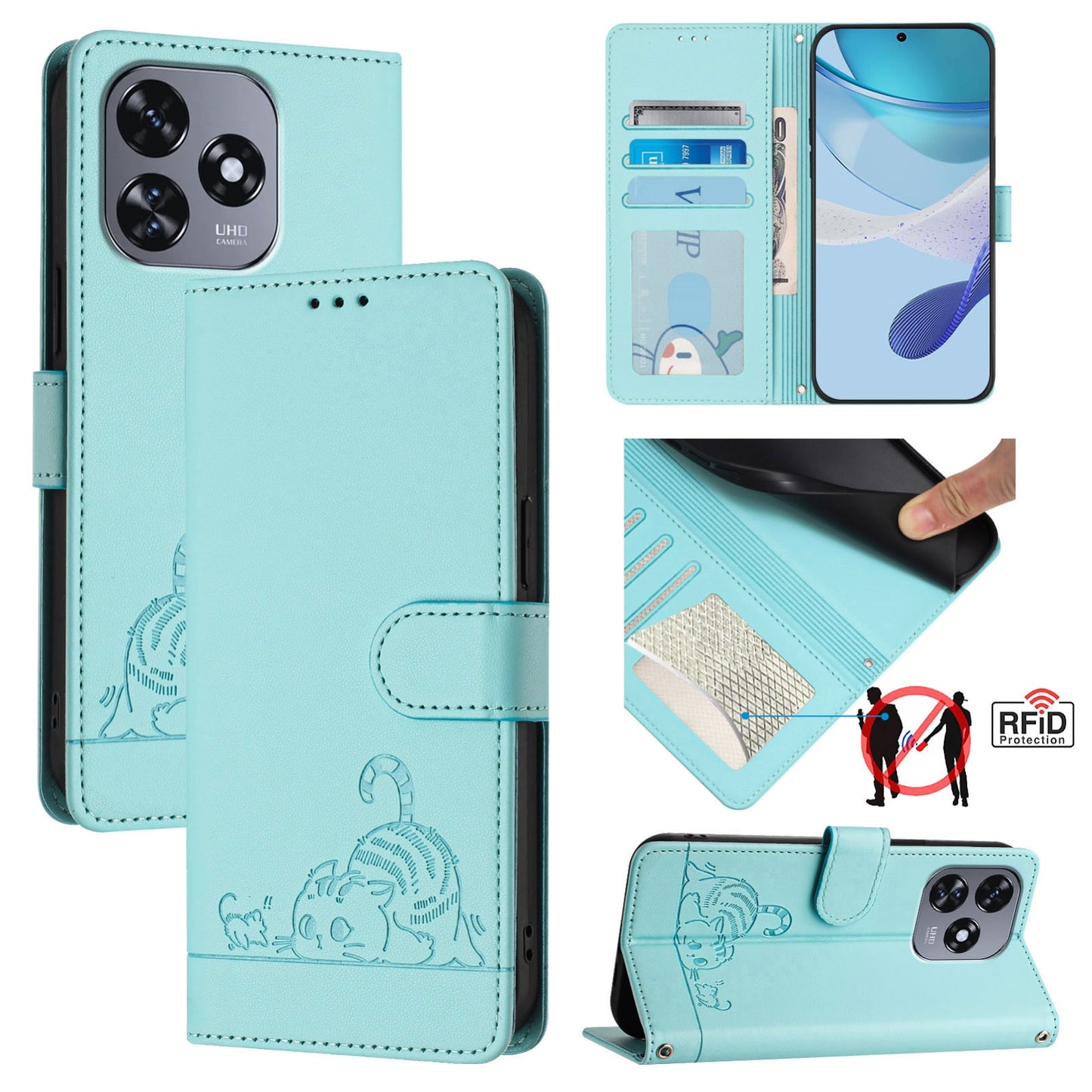 Oukitel C51 Cat & Rat Embossed RFID Leather Case, Lanyard, Wallet, Card Slots, Kickstand, Anti-Fall, Scratch-Resistant