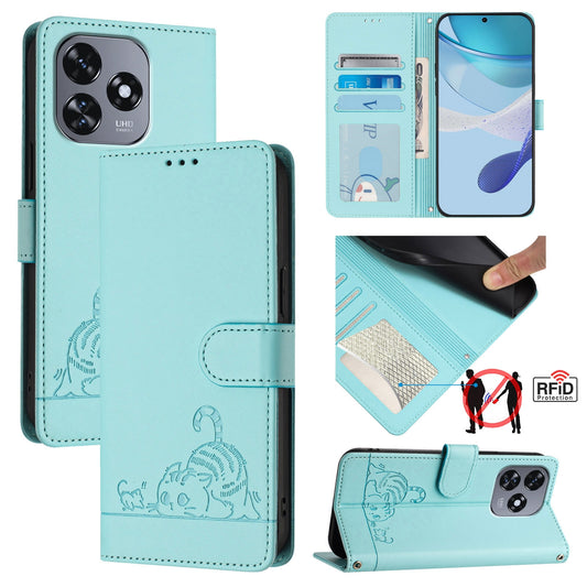 Oukitel C51 Cat & Rat Embossed RFID Leather Case, Lanyard, Wallet, Card Slots, Kickstand, Anti-Fall, Scratch-Resistant