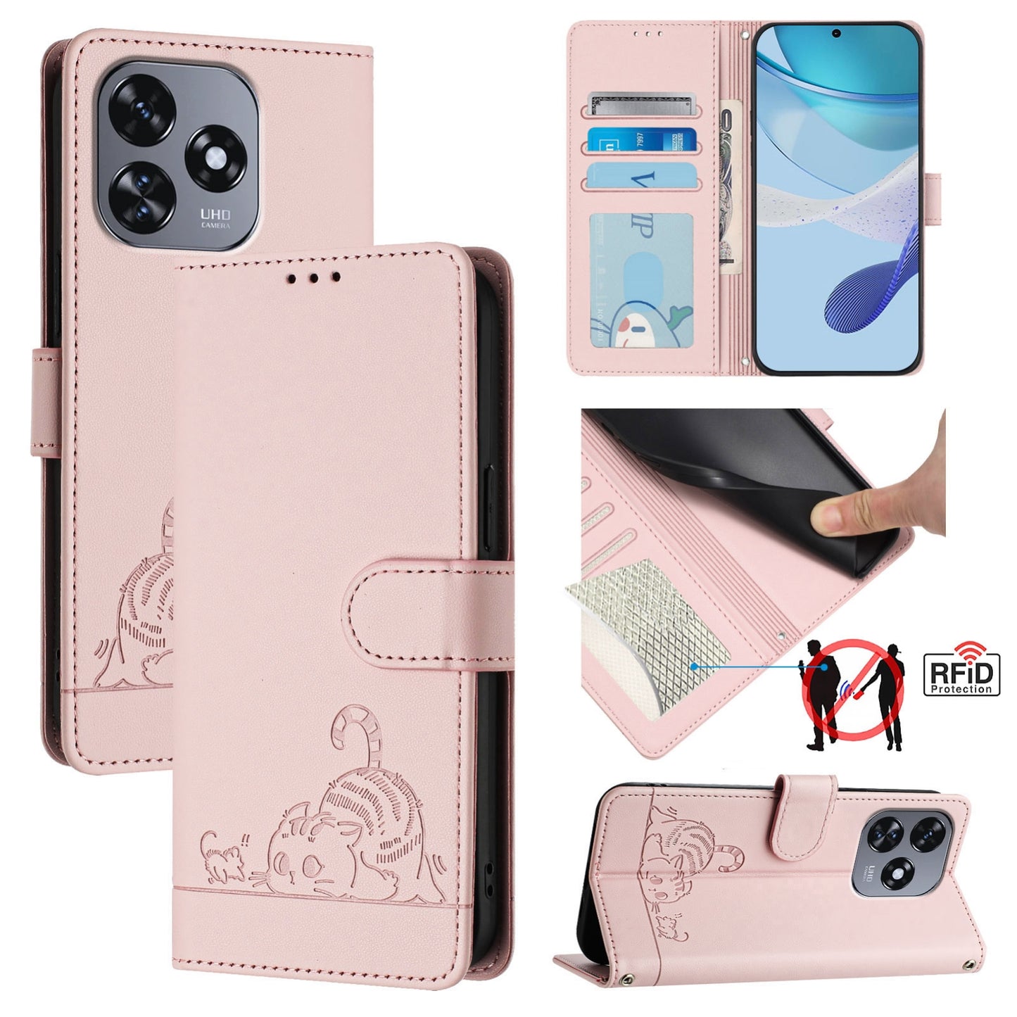 Oukitel C51 Cat & Rat Embossed RFID Leather Case, Lanyard, Wallet, Card Slots, Kickstand, Anti-Fall, Scratch-Resistant