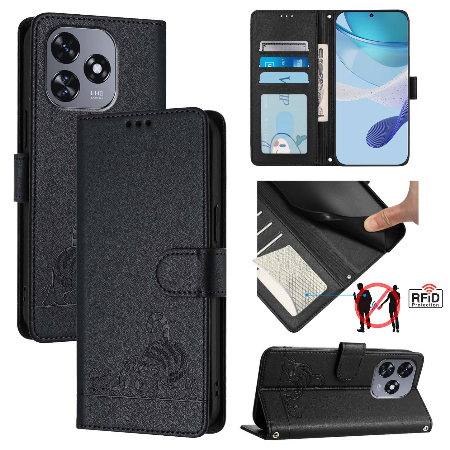 Oukitel C51 Cat & Rat Embossed RFID Leather Case, Lanyard, Wallet, Card Slots, Kickstand, Anti-Fall, Scratch-Resistant