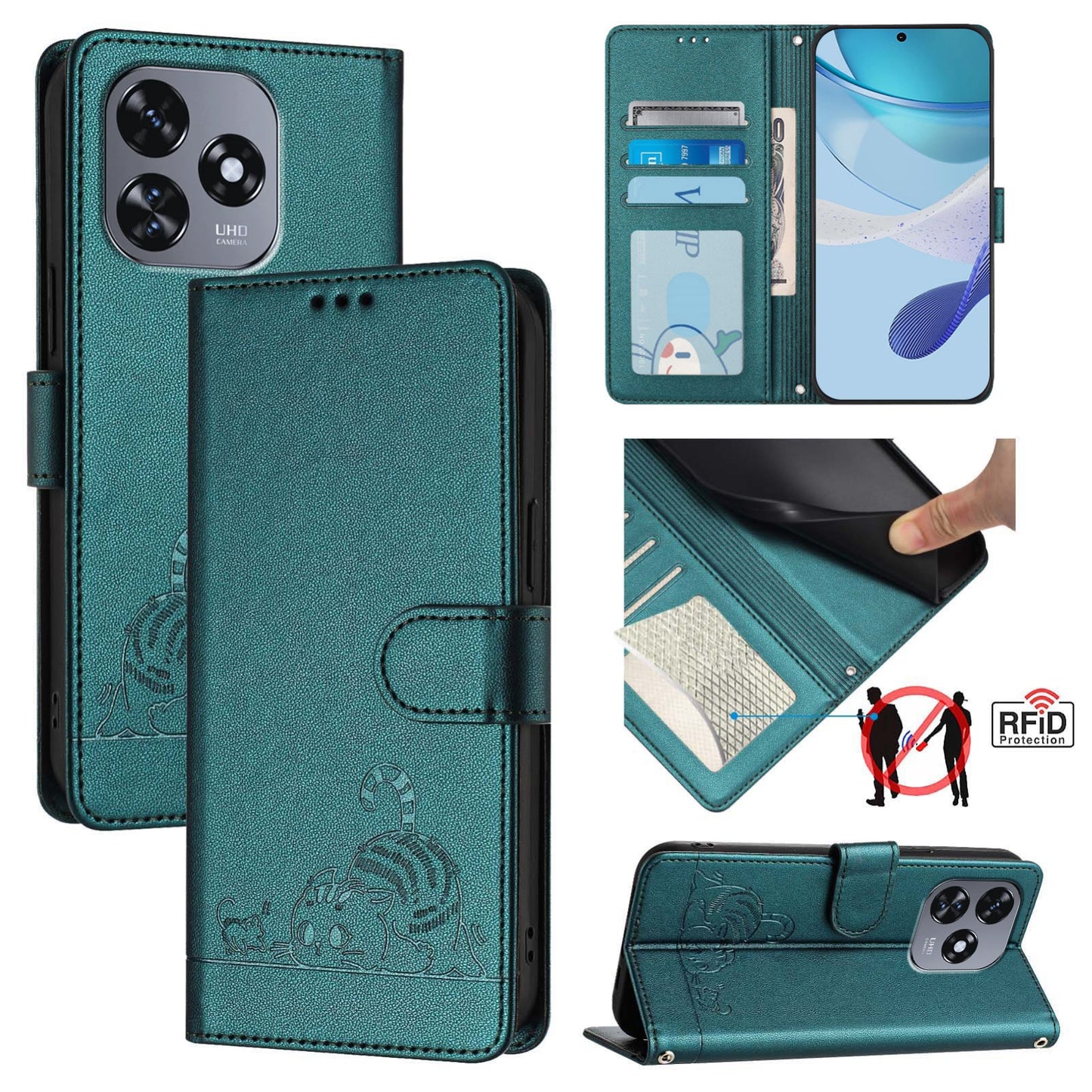 Oukitel C51 Cat & Rat Embossed RFID Leather Case, Lanyard, Wallet, Card Slots, Kickstand, Anti-Fall, Scratch-Resistant