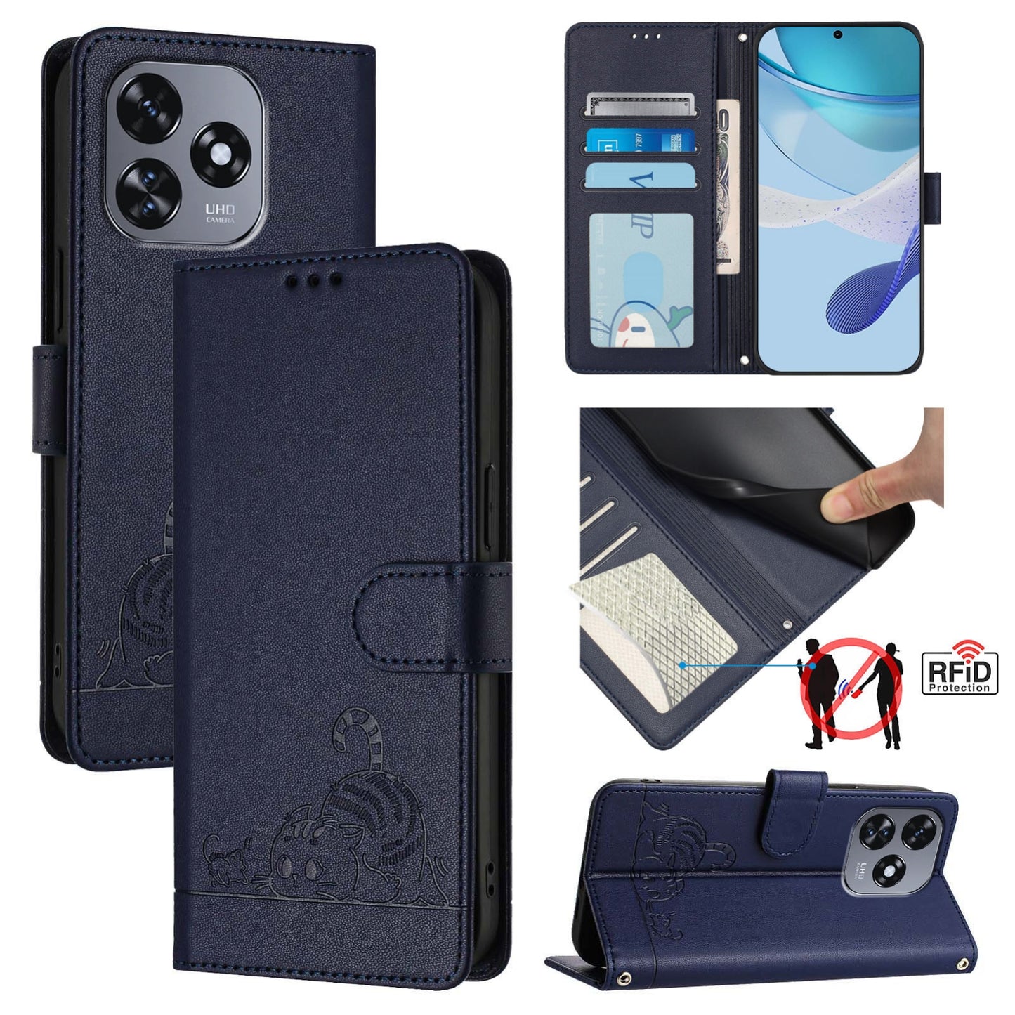 Oukitel C51 Cat & Rat Embossed RFID Leather Case, Lanyard, Wallet, Card Slots, Kickstand, Anti-Fall, Scratch-Resistant