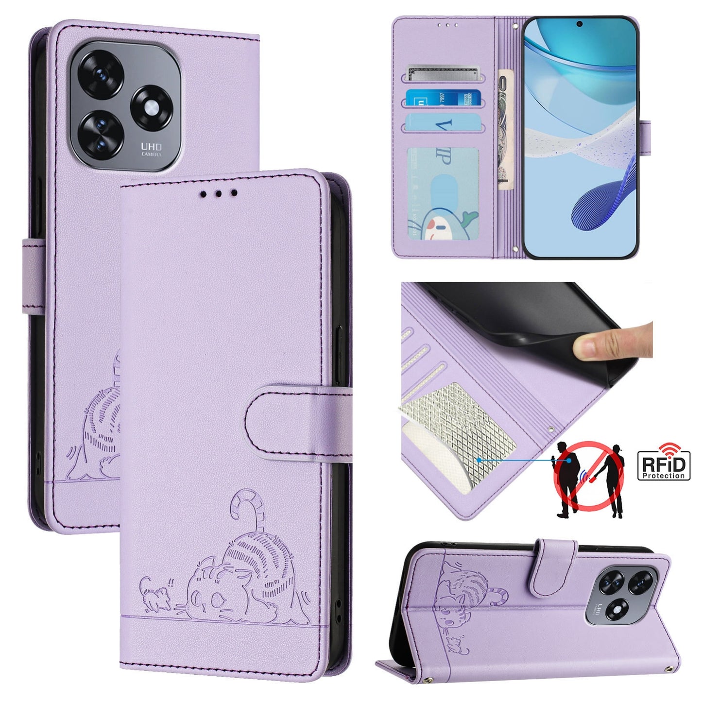 Oukitel C51 Cat & Rat Embossed RFID Leather Case, Lanyard, Wallet, Card Slots, Kickstand, Anti-Fall, Scratch-Resistant