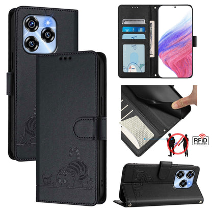 Oukitel C50 Cat & Rat Embossed RFID Leather Case, Lanyard, Wallet, Card Slots, Kickstand, Anti-Fall, Scratch-Resistant